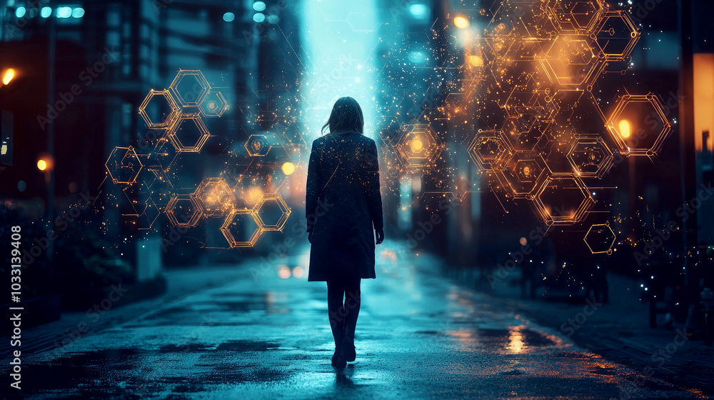 Poster a figure walks alone in a futuristic cityscape, surrounded by glowing hexagonal patterns.
