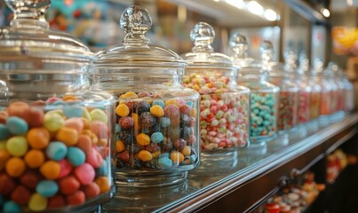 Candy jars filled with colorful candies.