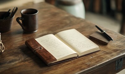 Open journal, pen, and mug on wooden table.