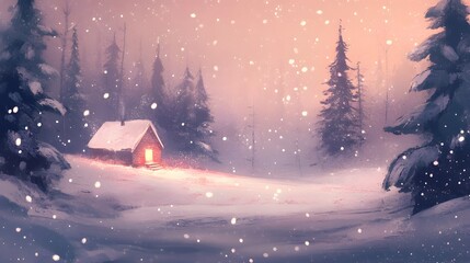 A tranquil winter landscape with softly falling snow, trees lightly dusted with white, and a warm cabin glowing in the distance, inviting a sense of peace and coziness. illustration