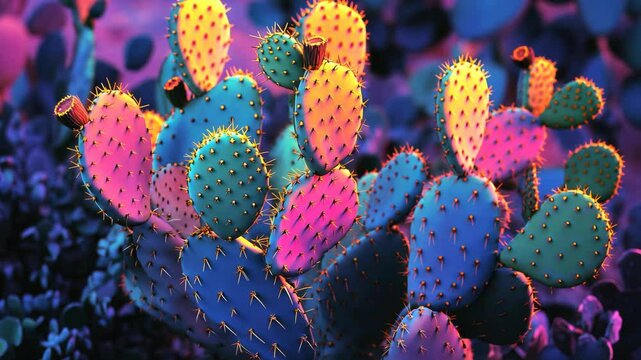 A close-up of a vibrant cactus plant, showcasing a variety of colors, including pink, blue, green, and yellow
