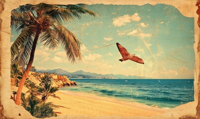 Palm trees, beach, ocean, bird, vintage postcard.