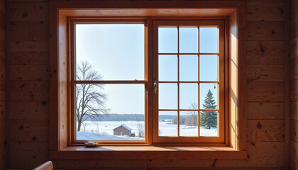 Snowy landscape view through wooden cabin window in winter