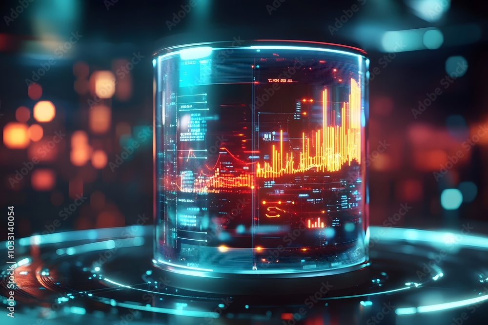 Poster a futuristic data cylinder with glowing graphs and charts, representing advanced analytics in big da