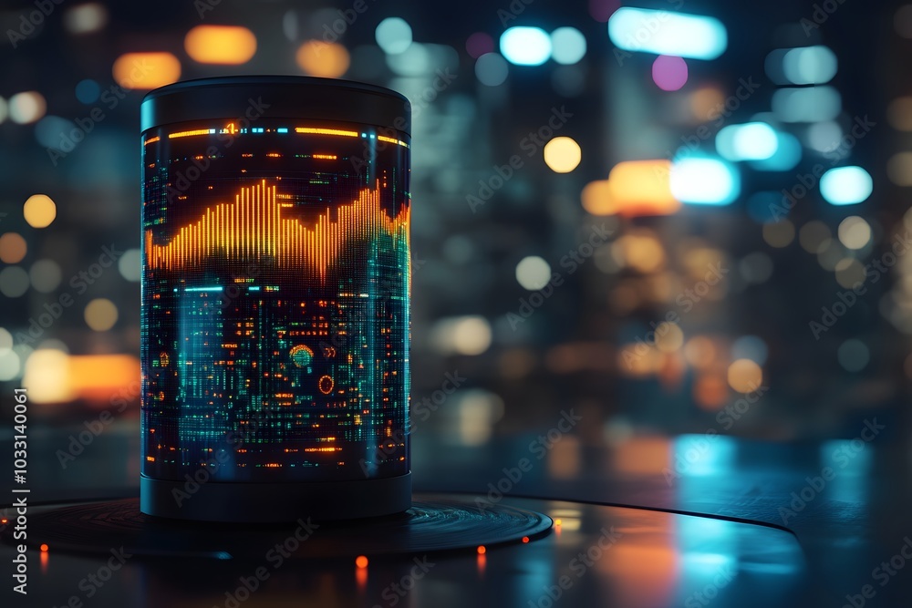 Poster a futuristic data cylinder with glowing graphs and charts, representing advanced analytics in big da
