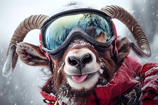 Schneeabenteuer eines Skifahrenden Mufflons