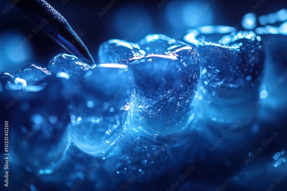 Poster a close-up view of a dental mold or aligner with a tool interacting with it.