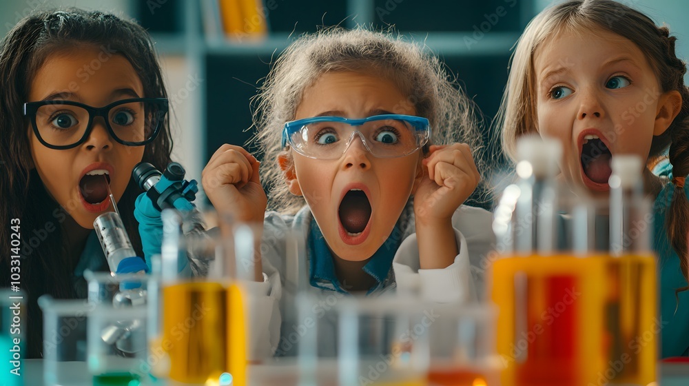 Poster three young girls react with surprise to a science experiment in a lab