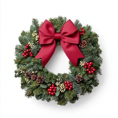 Festive Christmas wreath with red bow and pine decorations