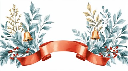 Floral arrangement with red ribbon and festive elements, isolated.