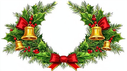 Festive holiday wreath with bows and bells on white background.