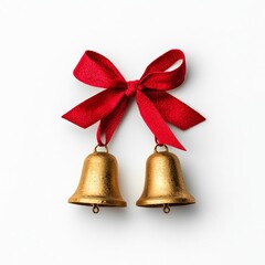 Gold bells with a red bow, white isolated background