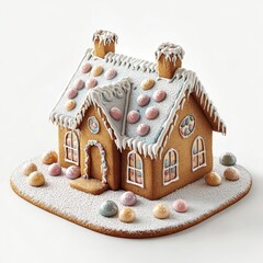 Gingerbread house, colorful candies, white isolate background