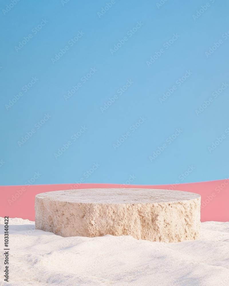 Poster minimalist stone podium on blue and red gradient with natural desert texture