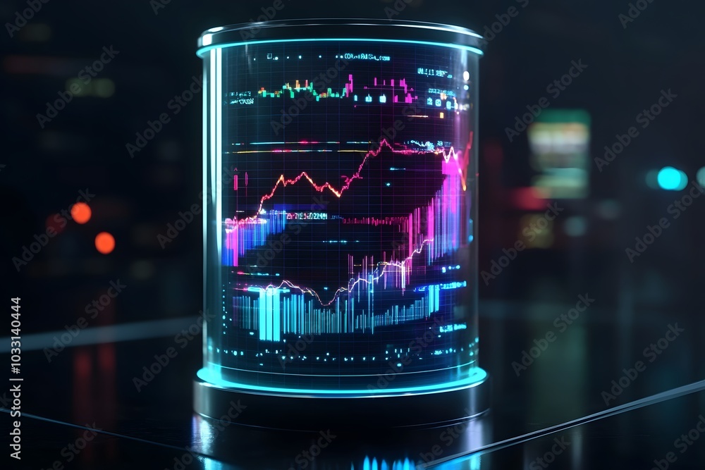 Poster a futuristic data cylinder with glowing graphs and charts, representing advanced analytics in big da