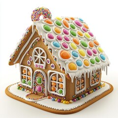 Colorful gingerbread house with candy decorations, white background