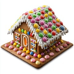 Colorful gingerbread house with icing and candy decorations.