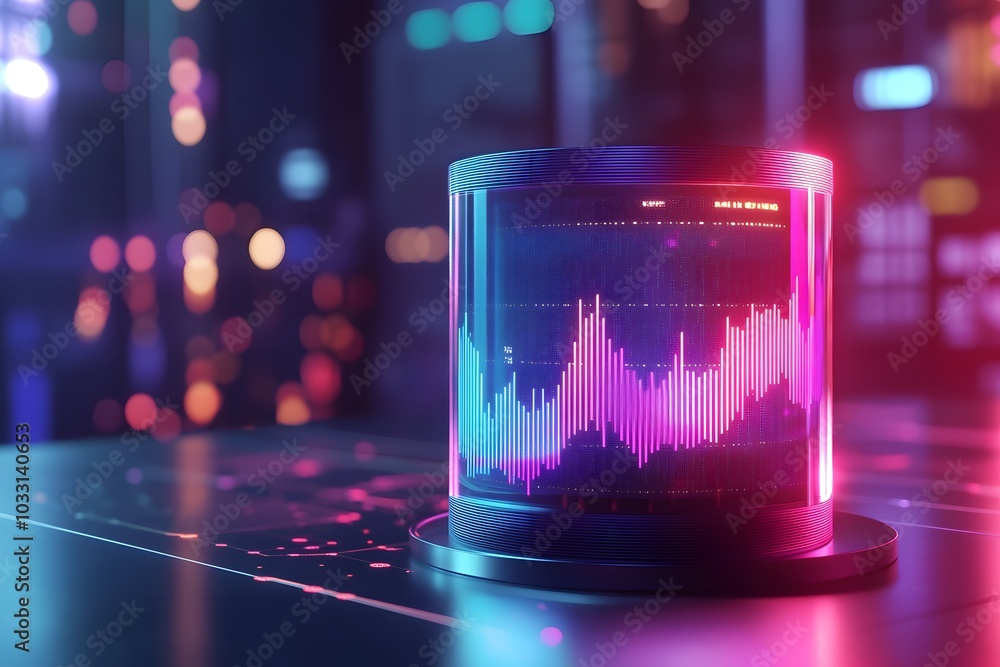 Poster a futuristic data cylinder with glowing graphs and charts, representing advanced analytics in big da