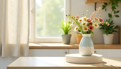 A kitchen tabletop with curtains on a window background for showcasing products