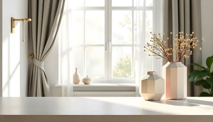 A kitchen tabletop with curtains on a window background for showcasing products