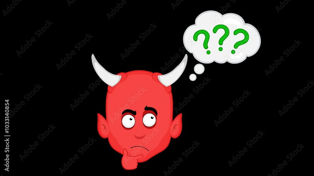 Aufkleber video animation emoji face demon character cartoon illustration, with a doubtful or thinking express