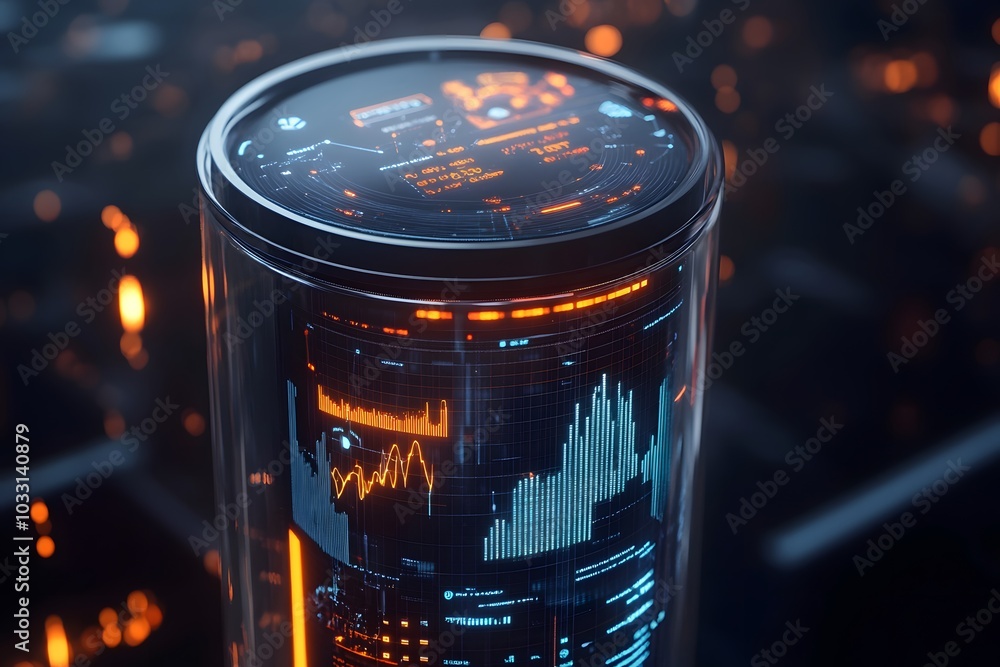Poster a futuristic data cylinder with glowing graphs and charts, representing advanced analytics in big da