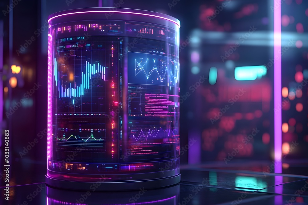 Poster a futuristic data cylinder with glowing graphs and charts, representing advanced analytics in big da