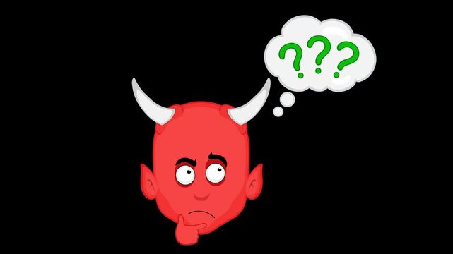 video animation emoji face demon character cartoon illustration, with a doubtful or thinking expression and a thought cloud with question marks sign, on a transparent background with alpha channel set