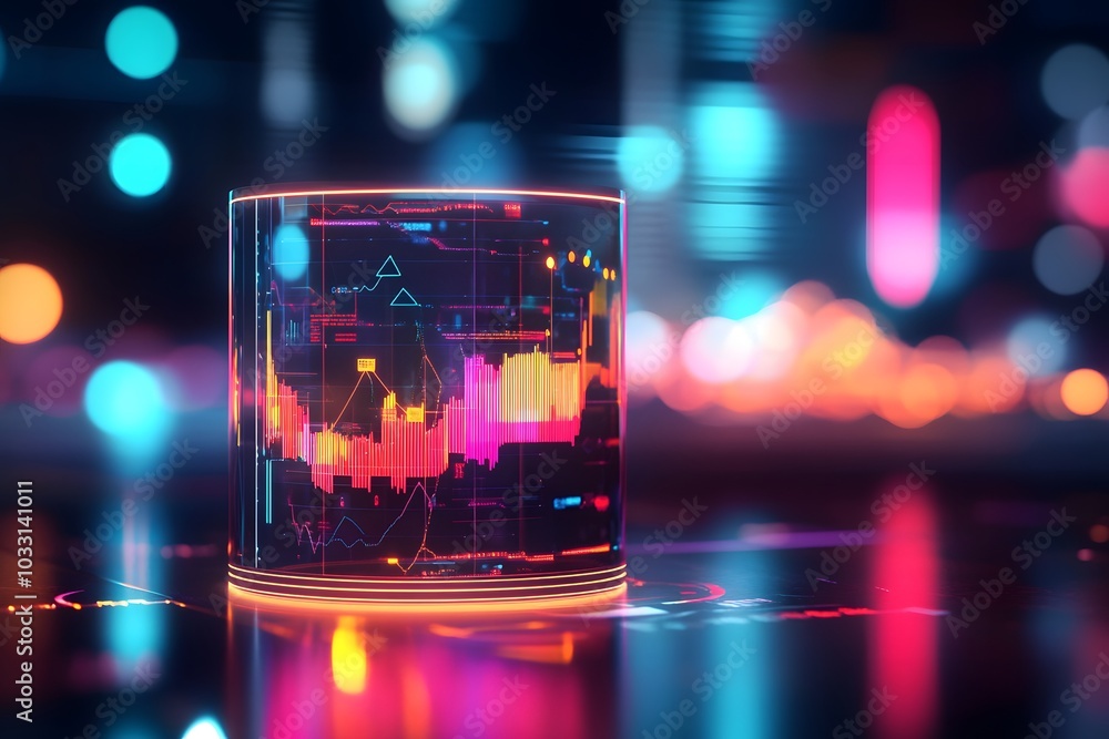 Poster a futuristic data cylinder with glowing graphs and charts, representing advanced analytics in big da