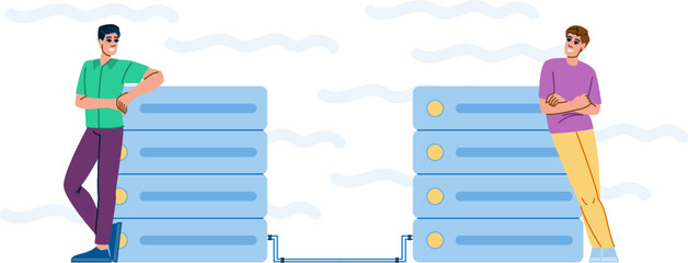 transfer data migration vector. file technology, system backup, exchange computer transfer data migration character. people flat cartoon illustration