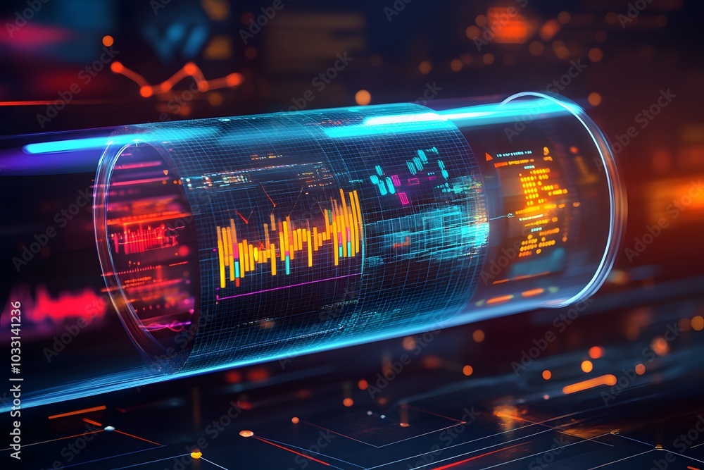 Poster a futuristic data cylinder with glowing graphs and charts, representing advanced analytics in big da