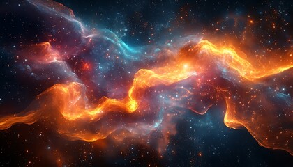Obraz premium A vibrant cosmic scene with swirling colors of orange, blue, and black, representing a nebula filled with star formation and interstellar beauty.