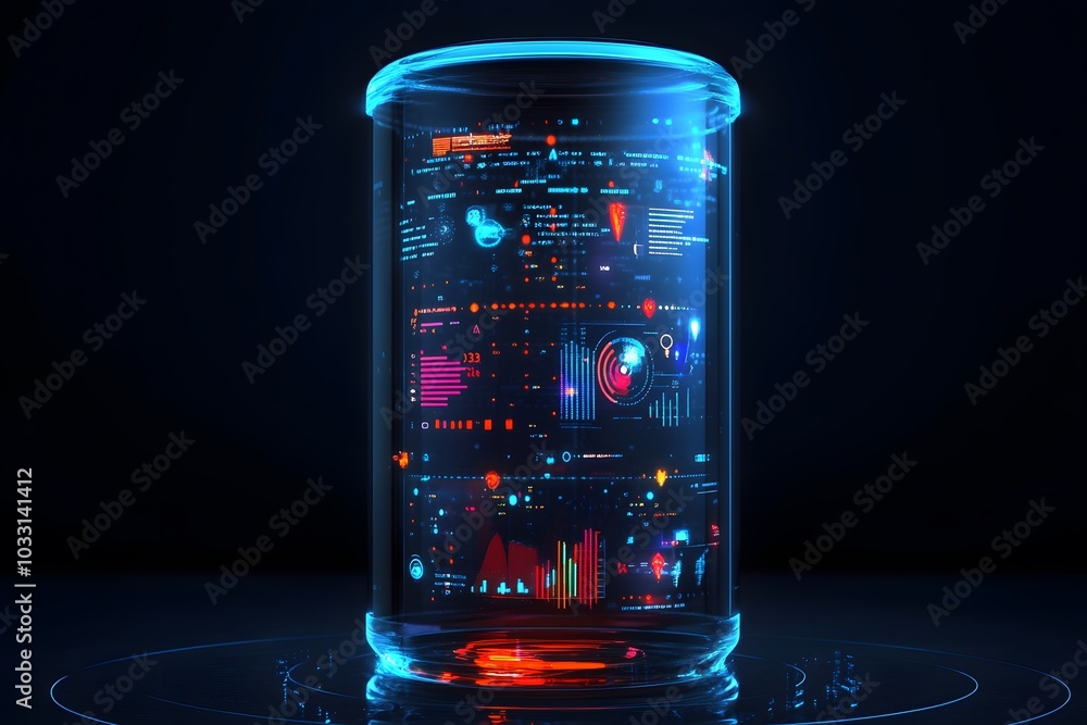 Poster a futuristic, digital display of data and analytics with graphs, charts, icons, and numbers floating