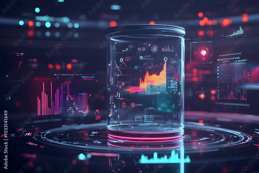 Poster a futuristic, digital display of data and analytics with graphs, charts, icons, and numbers floating