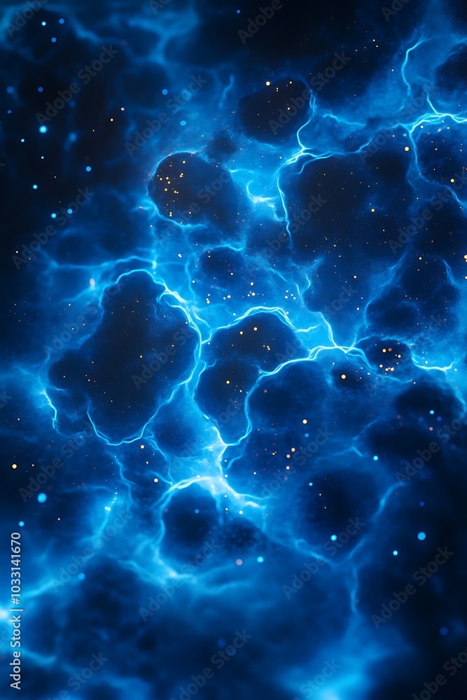 Poster an abstract image showcasing a vibrant blue cosmic space with electric patterns and twinkling stars.