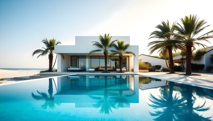Fototapeta premium A modern villa with a large swimming pool surrounded by palm trees