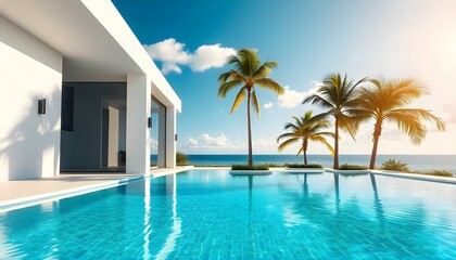 Fototapeta premium A modern villa with a large swimming pool surrounded by palm trees