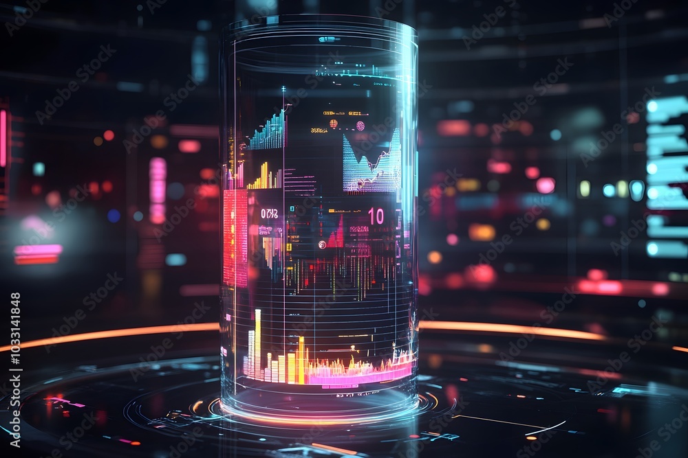 Poster a futuristic, digital display of data and analytics with graphs, charts, icons, and numbers floating