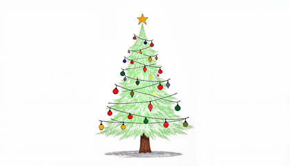 Obraz premium Hand-drawn Christmas tree with colorful ornaments on white background
