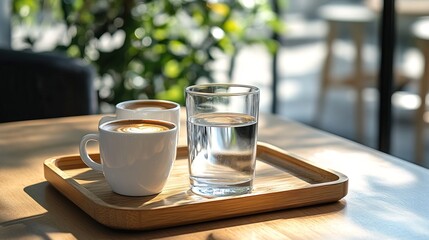 Cup of coffee and glass of water on a wooden tray 