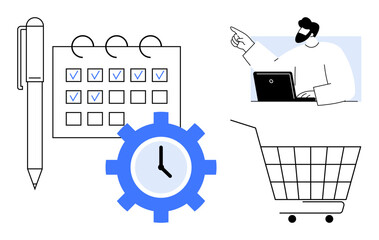 Pen beside a checkmarked calendar, gear with clock, person on laptop pointing, and shopping cart. Ideal for productivity, time management, scheduling, e-commerce, and business planning. Modern