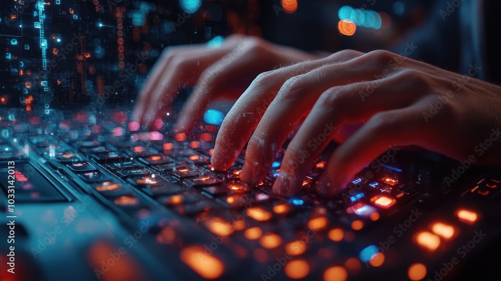 Poster close-up of hands typing on a backlit keyboard, conveying a tech-focused atmosphere.
