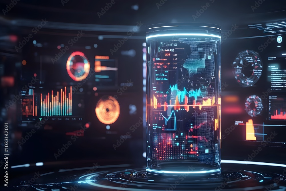 Poster a futuristic, digital display of data and analytics with graphs, charts, icons, and numbers floating