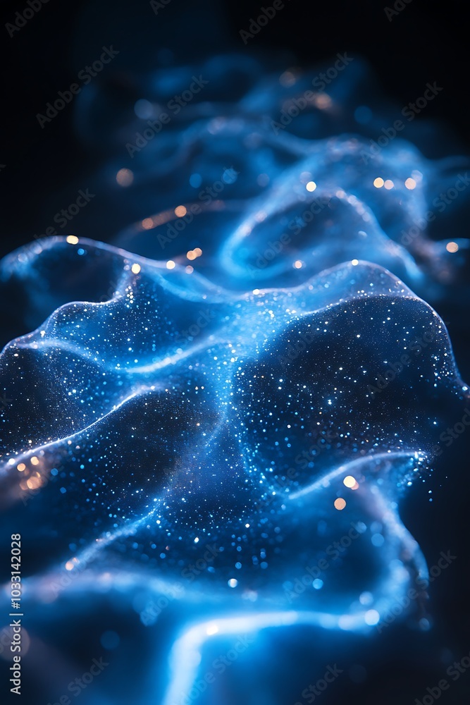 Poster a mesmerizing display of blue waves illuminated by sparkling particles, creating an ethereal glow re
