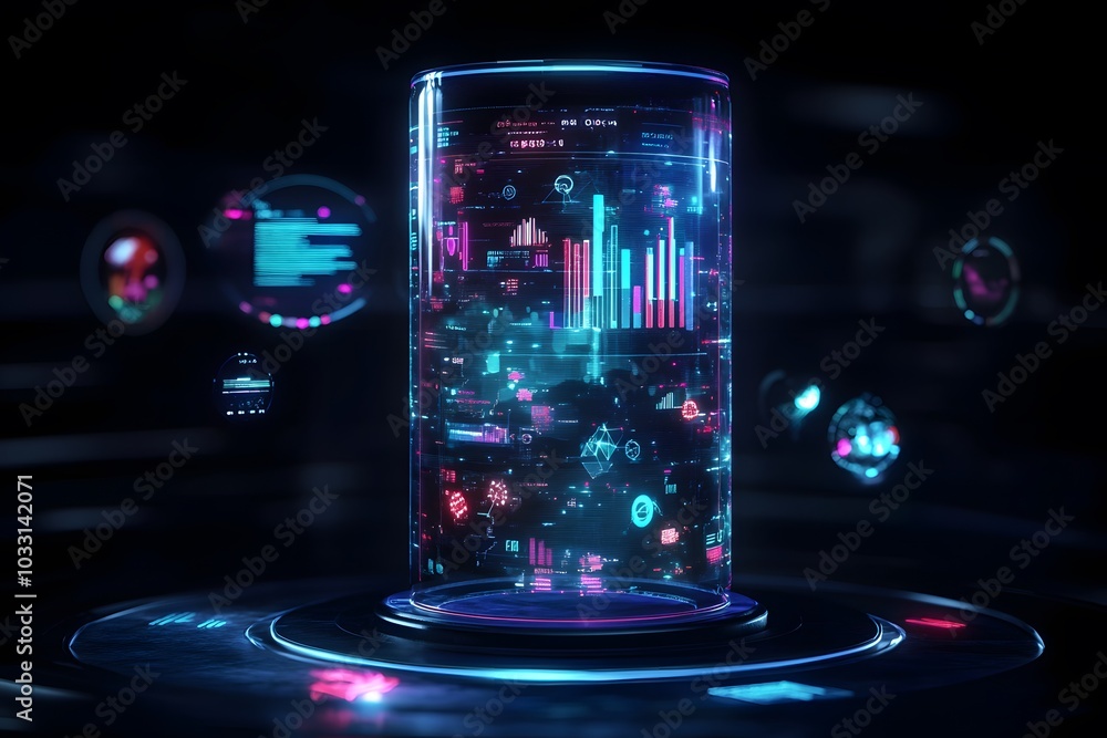 Poster a futuristic, digital display of data and analytics with graphs, charts, icons, and numbers floating