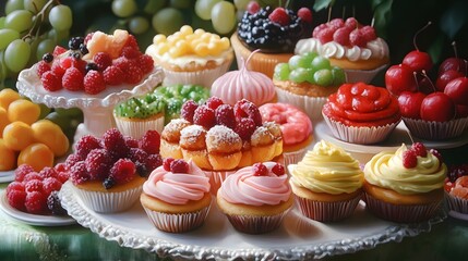 An artistic representation of a delicious dessert platter, featuring an array of colorful pastries, cupcakes, and fruits, presented on a beautifully styled table.
