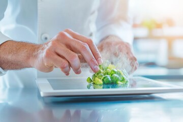 Chef Using Technology for Healthy Cooking in a Modern Kitchen