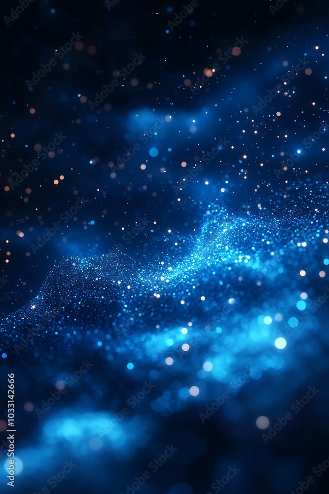 Poster a mesmerizing deep blue cosmic scene filled with shimmering stars and ethereal light patterns, evoki