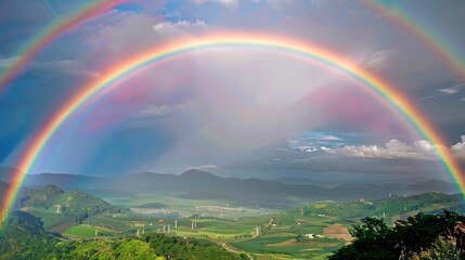 Bright rainbow arching over a lush green valley
