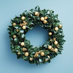 Elegant Christmas wreath with golden ornaments, teal background.